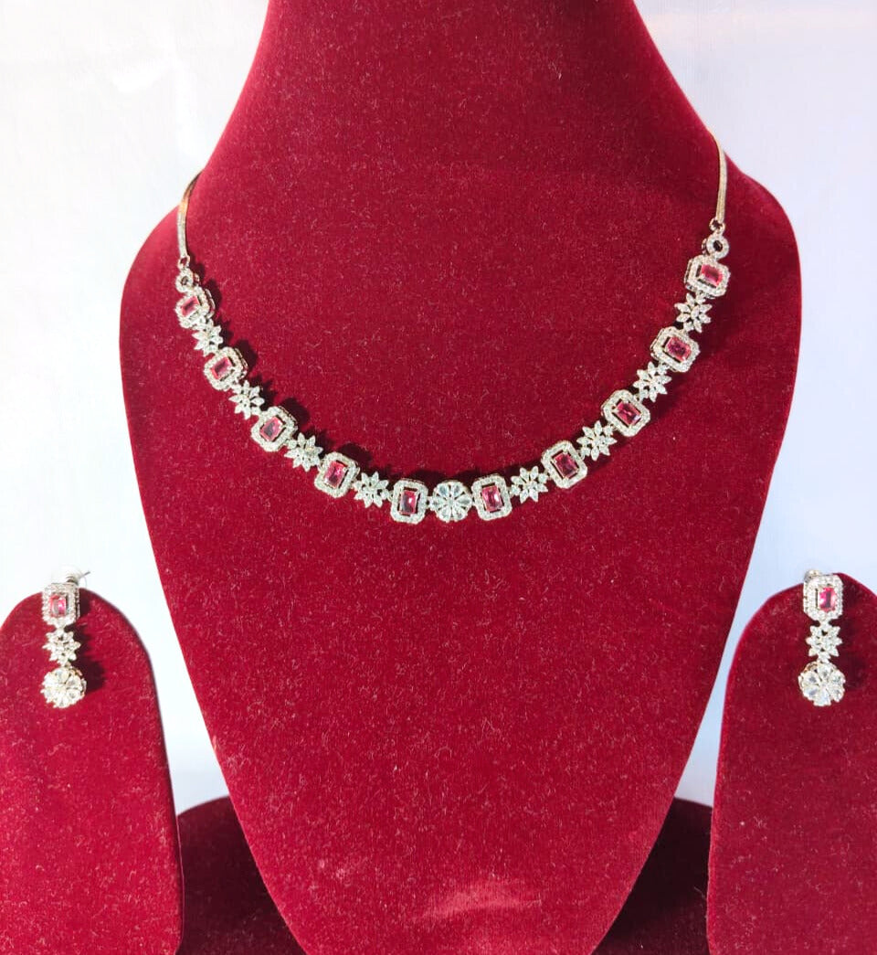 American Diamond SIlver Plated Necklace Set HJ30
