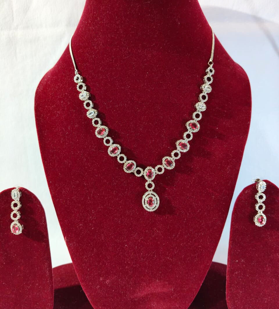 Crystal Drop Necklace and Earrings Set with Pink Stones HJ33