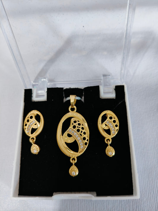 Gold-Plated Pendant Necklace & Earrings Set with CZ Stones, Anti tarnish, Oval Design HJ35