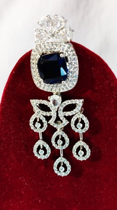 American Diamond Necklace and Earrings Set, Silver-toned Necklace with Blue Sapphire Crystal Chandelier Earrings, (HJ44B) Blue