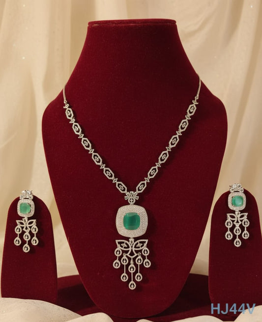 American Diamond Necklace and Earrings Set, Silver-toned Necklace with Crystal Chandelier Earrings, (HJ44G) Green