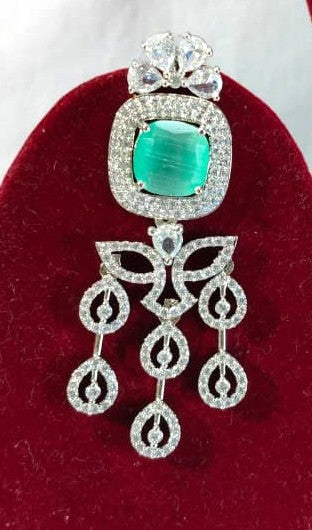 American Diamond Necklace and Earrings Set, Silver-toned Necklace with Crystal Chandelier Earrings, (HJ44G) Green