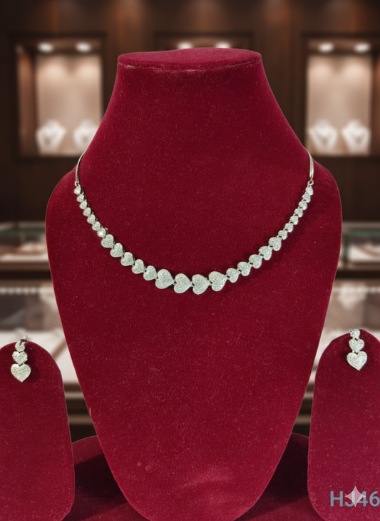 Elegant Silver Heart shape Jewelry Set, Crystal Studded Necklace with Matching Earrings and Ring,(HJ46)
