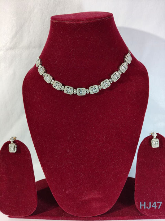 American Diamond Crystal Necklace and Earrings Set, Silver-toned Jewellery Set (HJ47)