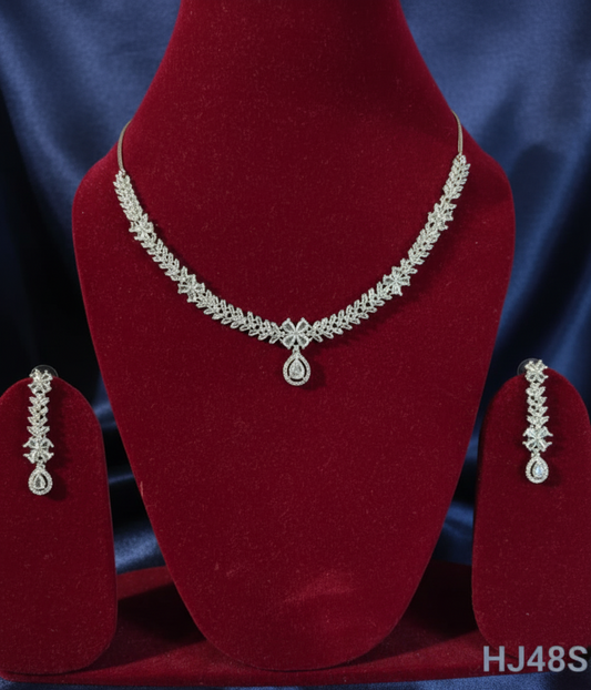 American Diamond Necklace and Earrings Set, Silver-toned Crystal Chandelier Style Earrings, (HJ48S) (Silver)