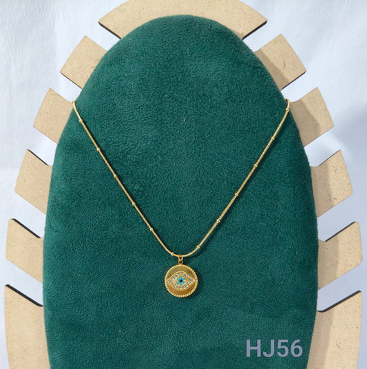 Gold Evil Eye Pendant Necklace with Crystals, Round Medallion Chain, Blue Turquoise Crystal Accent, HJ56