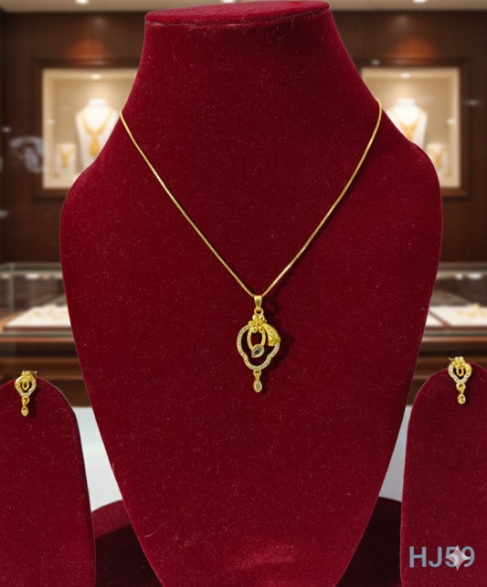 Gold Plated Necklace Set with Crystal Studded Pendant and Matching Earrings, Floral Design (HJ59)