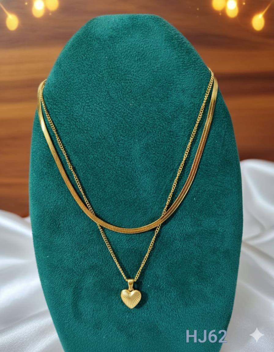 Double Layered Gold Chain Necklace with Heart Pendant, Anti Tarnish (HJ62)