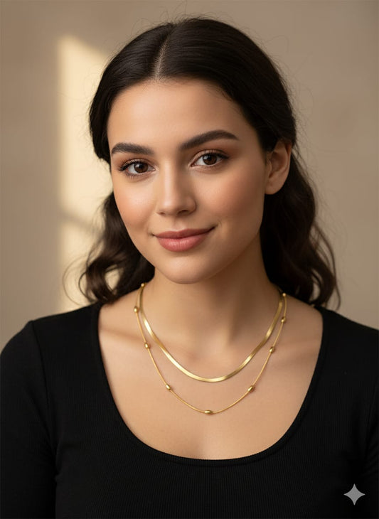 Double Layered Gold Chain Necklace, Anti Tarnish HJ63