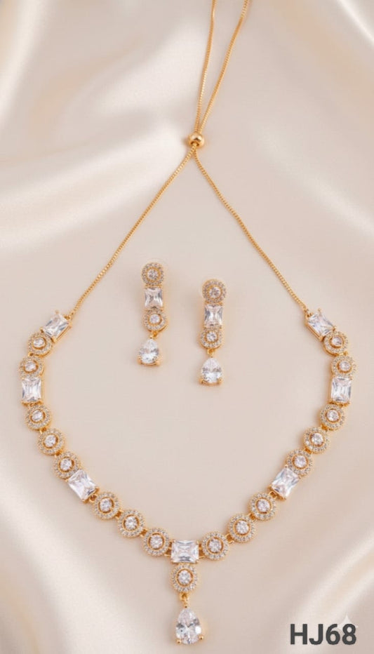 Rose Gold American Diamond Crystal Necklace and Earring Set, Designer Chandelier Style (HJ68)
