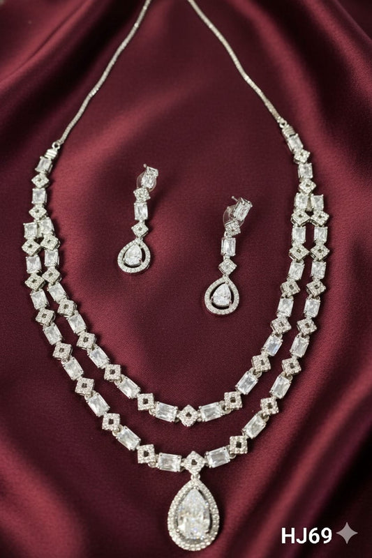 Crystal American Diamond Chandelier Double Layered Necklace Set with Earrings, Silver-toned, (HJ69)