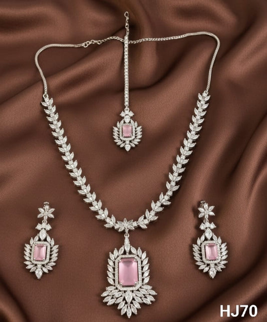 American Diamond Necklace and Earrings Set, Silver-toned with light Pink Stone (HJ70) (Silver)