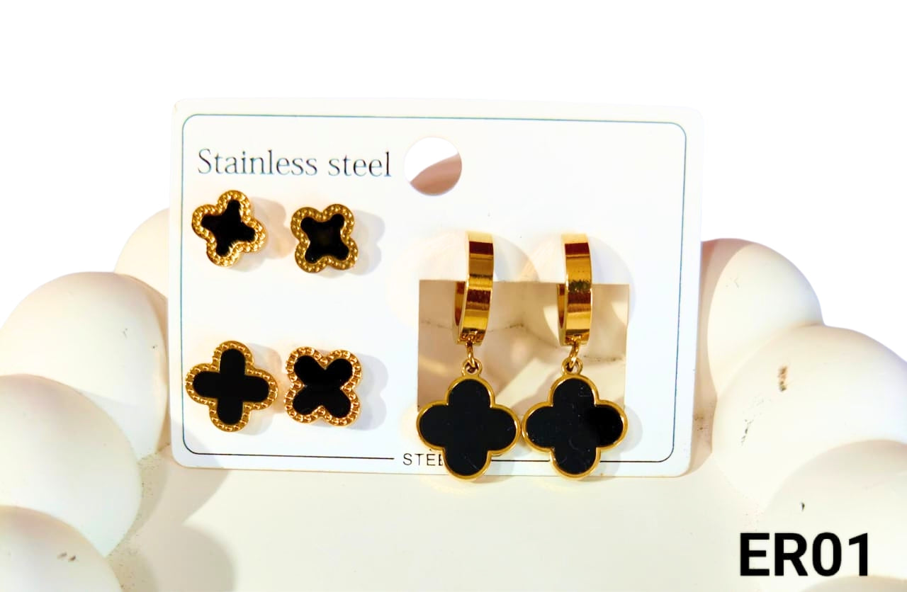 Elegant Earrings Featuring Black Four-Leaf Clovers Pack of 3 ER01