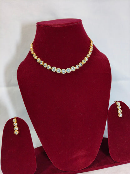Crystal Rhinestone Jewelry Set with Adjustable Necklace and Drop Earrings, Rose Gold, Halo Design, (HJ02)