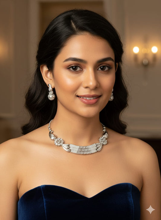 American Diamond SIlver Plated Necklace Set HJ29