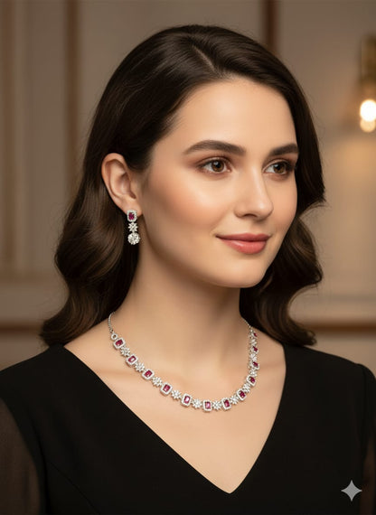 American Diamond SIlver Plated Necklace Set HJ30