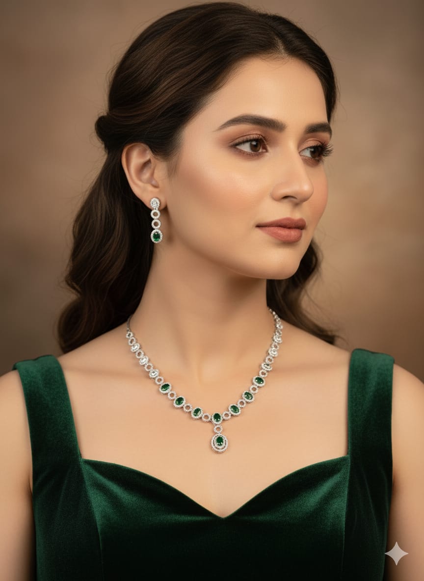 legant Crystal Necklace Set with Green Emerald and Clear Stones, Traditional Drop Style Earrings, HJ31