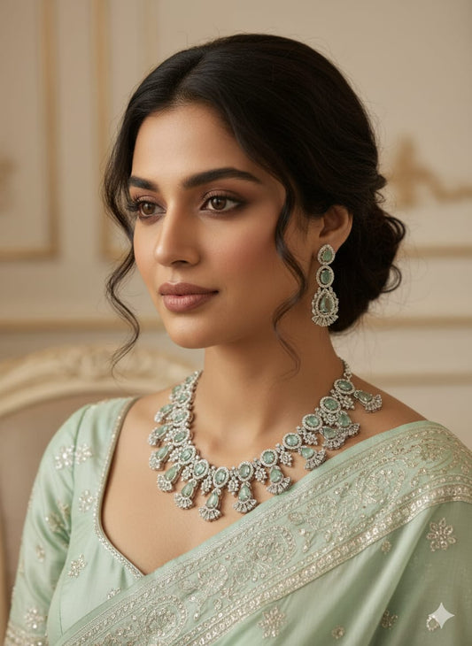 Elegant Mint Green Crystal Statement Necklace and Earrings Set HJ32