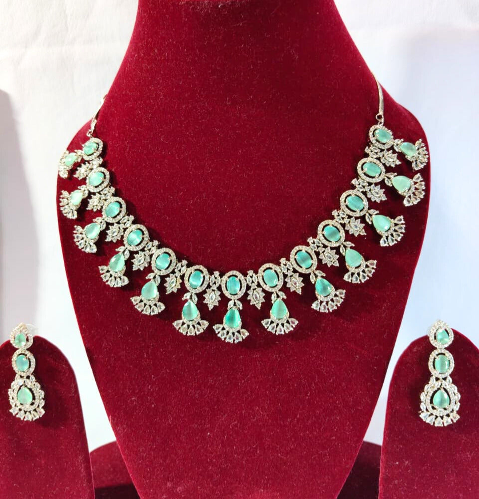 Elegant Mint Green Crystal Statement Necklace and Earrings Set HJ32