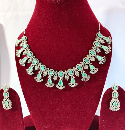 Elegant Mint Green Crystal Statement Necklace and Earrings Set HJ32