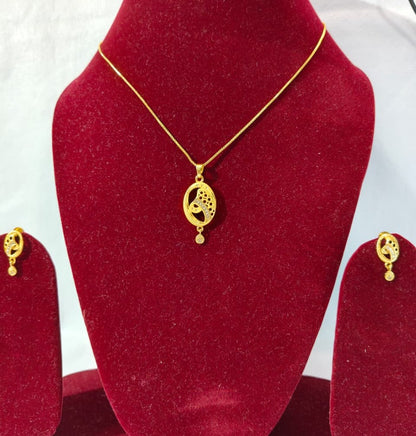 Gold-Plated Pendant Necklace & Earrings Set with CZ Stones, Anti tarnish, Oval Design HJ35