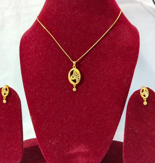 Gold-Plated Pendant Necklace & Earrings Set with CZ Stones, Anti tarnish, Oval Design HJ35