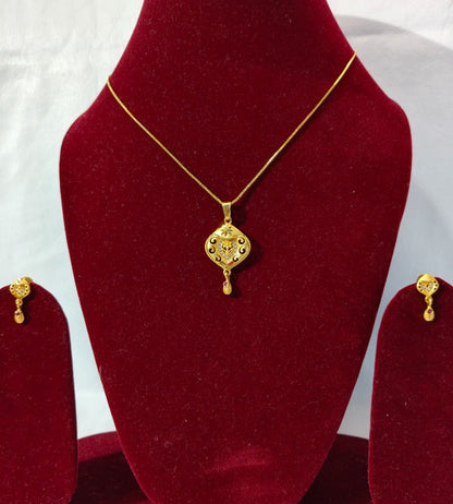 Elegant Gold Plated Necklace & Earrings Set , Floral Heart Pendant, Anti-tarnish, Brass, Ruby Accents (HJ36)