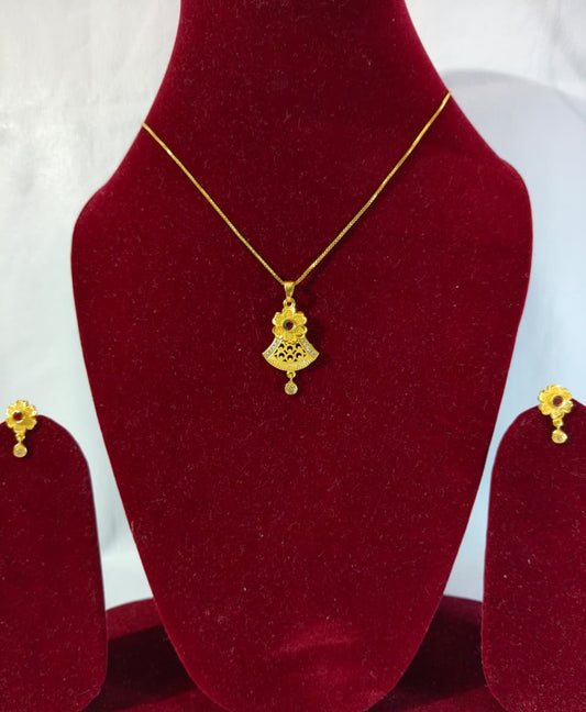 Gold Plated Jewellery Set with Floral Pendant Necklace and Earrings, Red Stone and Crystal Accents, Anti tarnish (HJ39)
