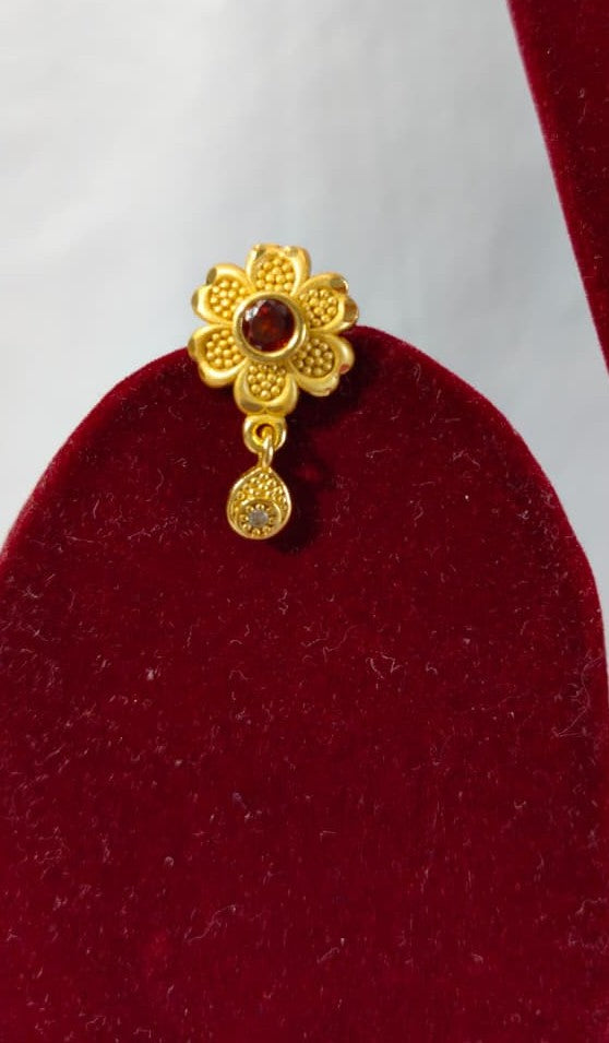 Gold Plated Jewellery Set with Floral Pendant Necklace and Earrings, Red Stone and Crystal Accents, Anti tarnish (HJ39)