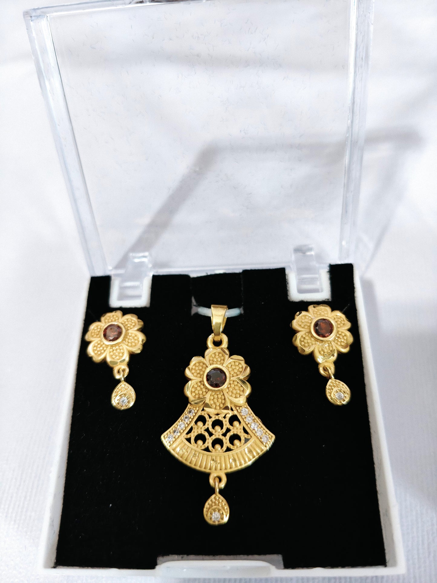 Gold Plated Jewellery Set with Floral Pendant Necklace and Earrings, Red Stone and Crystal Accents, Anti tarnish (HJ39)