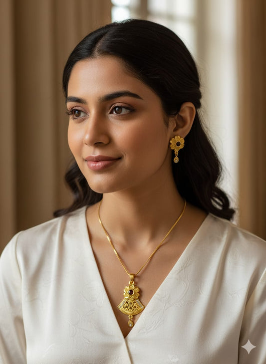 Gold Plated Jewellery Set with Floral Pendant Necklace and Earrings, Red Stone and Crystal Accents, Anti tarnish (HJ39)