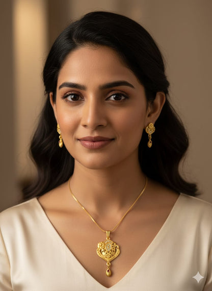 Crystal-Studded Gold Plated Pendant Necklace Set,  Matching Earrings, Ethnic look (HJ40)