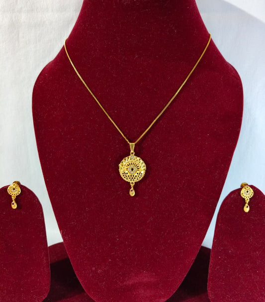 Gold Plated Jewellery Set, Traditional Crystal Studded Pendant Necklace with Matching Earrings, Floral Leaf Design, (HJ42)