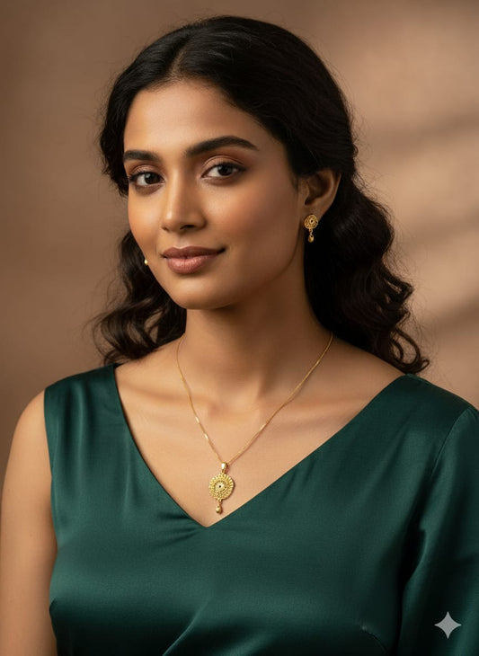 Gold Plated Jewellery Set, Traditional Crystal Studded Pendant Necklace with Matching Earrings, Floral Leaf Design, (HJ42)