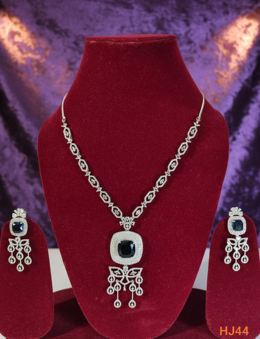 American Diamond Necklace and Earrings Set, Silver-toned Necklace with Blue Sapphire Crystal Chandelier Earrings,  (HJ44B) Blue