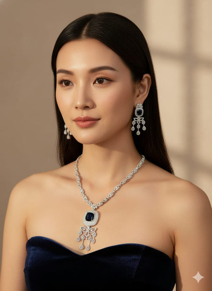 American Diamond Necklace and Earrings Set, Silver-toned Necklace with Blue Sapphire Crystal Chandelier Earrings,  (HJ44B) Blue