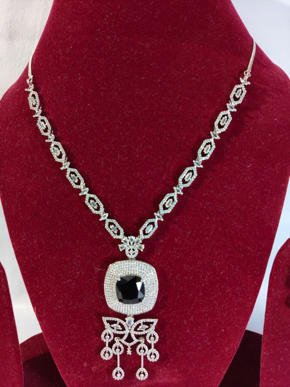 American Diamond Necklace and Earrings Set, Silver-toned Necklace with Blue Sapphire Crystal Chandelier Earrings,  (HJ44B) Blue