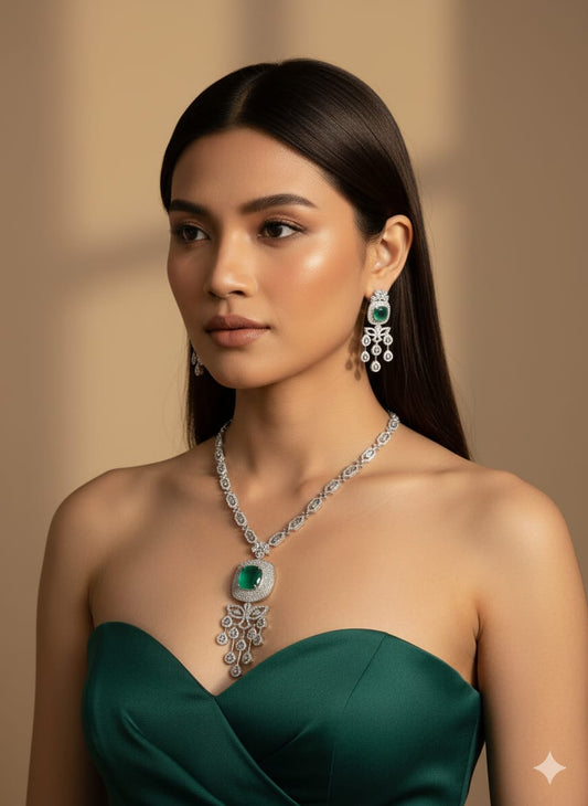 American Diamond Necklace and Earrings Set, Silver-toned Necklace with Crystal Chandelier Earrings, (HJ44G) Green