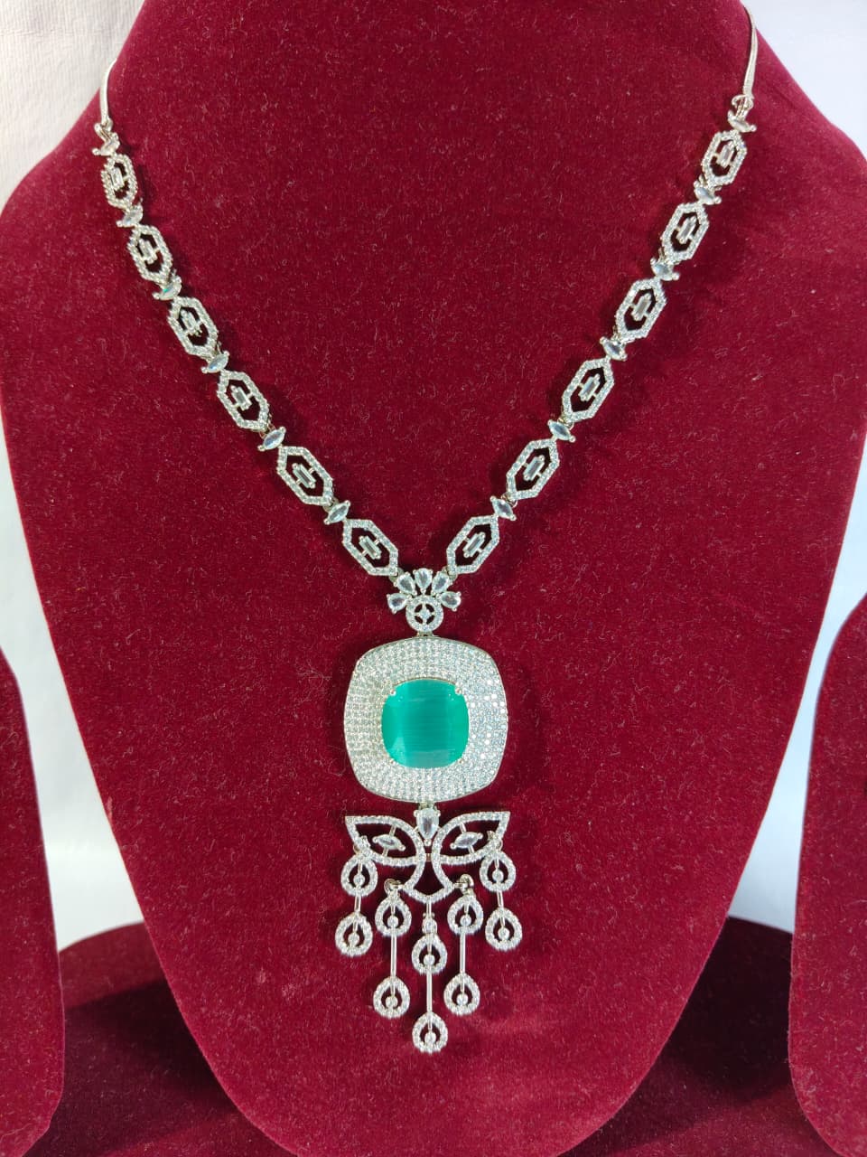 American Diamond Necklace and Earrings Set, Silver-toned Necklace with Crystal Chandelier Earrings, (HJ44G) Green