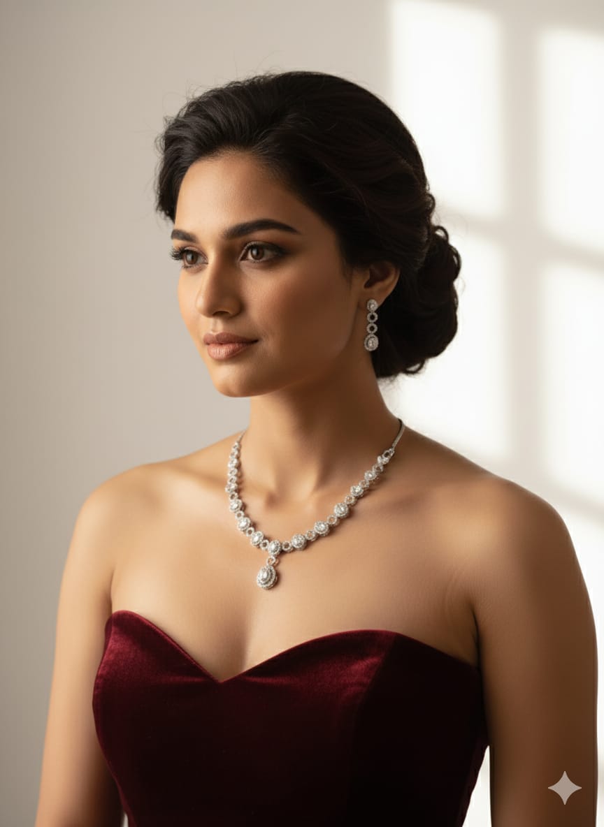 Silver-Toned Elegant Crystal Necklace and Earrings Set, Oval Halo Design Jewellery Set, Drop Style (HJ45)