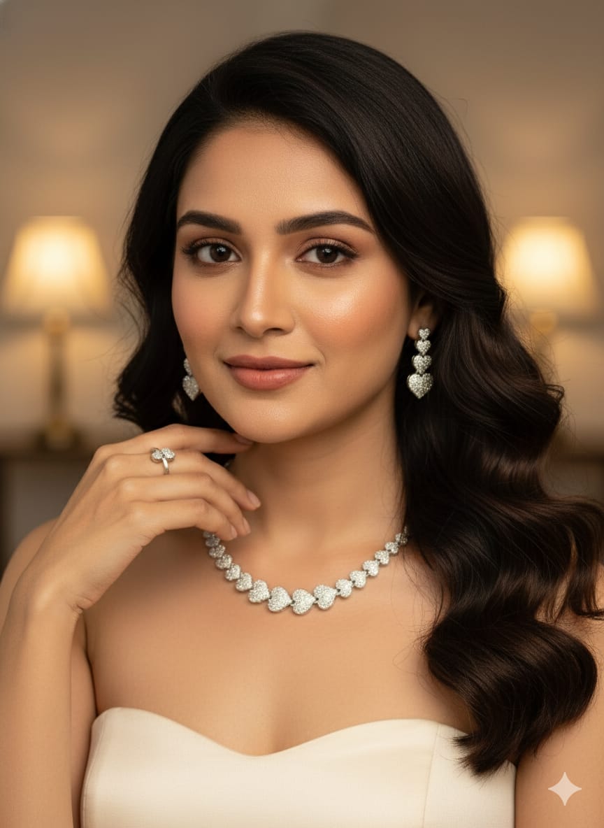 Elegant Silver Heart shape Jewelry Set, Crystal Studded Necklace with Matching Earrings and Ring,(HJ46)