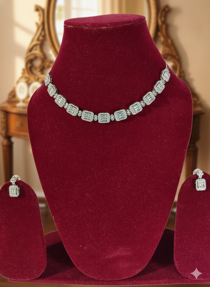 American Diamond Crystal Necklace and Earrings Set, Silver-toned Jewellery Set (HJ47)