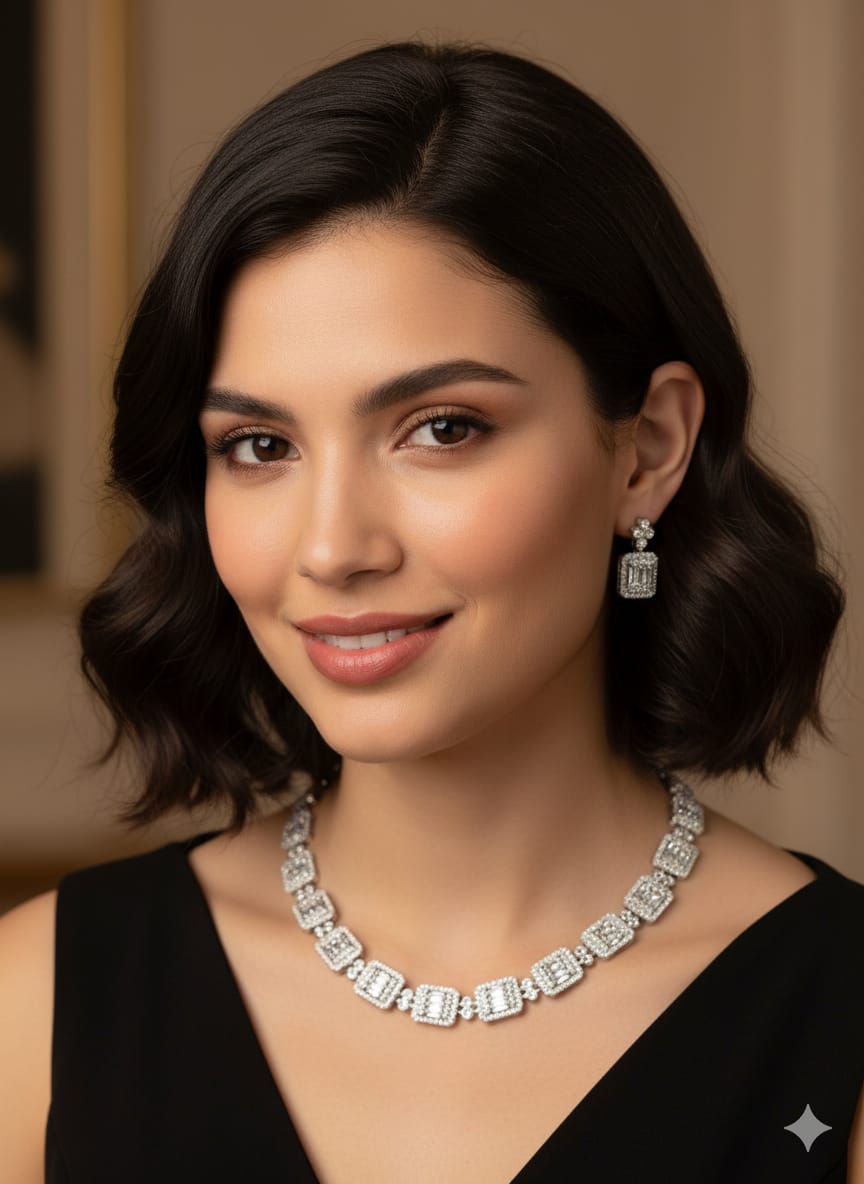 American Diamond Crystal Necklace and Earrings Set, Silver-toned Jewellery Set (HJ47)