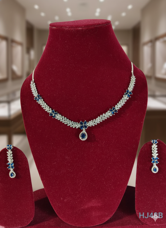 American Diamond Necklace and Earrings Set, Silver-toned Blue Sapphire Crystal Chandelier Style Earrings, (HJ48B) Blue