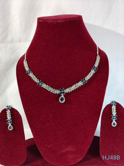 American Diamond Necklace and Earrings Set, Silver-toned Blue Sapphire Crystal Chandelier Style Earrings, (HJ48B) Blue