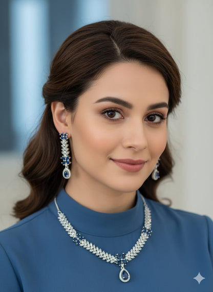 American Diamond Necklace and Earrings Set, Silver-toned Blue Sapphire Crystal Chandelier Style Earrings, (HJ48B) Blue