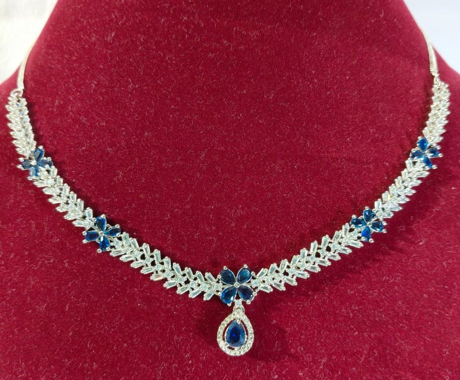 American Diamond Necklace and Earrings Set, Silver-toned Blue Sapphire Crystal Chandelier Style Earrings, (HJ48B) Blue