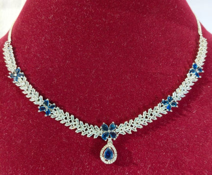 American Diamond Necklace and Earrings Set, Silver-toned Blue Sapphire Crystal Chandelier Style Earrings, (HJ48B) Blue