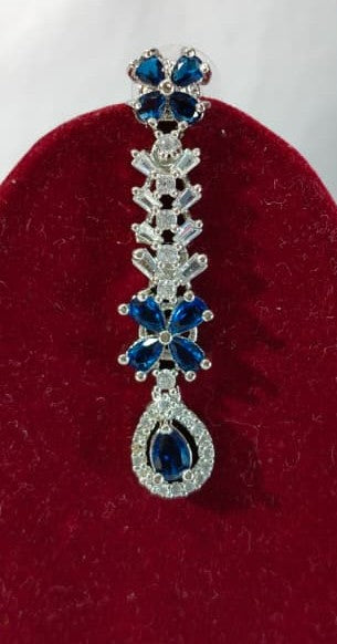 American Diamond Necklace and Earrings Set, Silver-toned Blue Sapphire Crystal Chandelier Style Earrings, (HJ48B) Blue