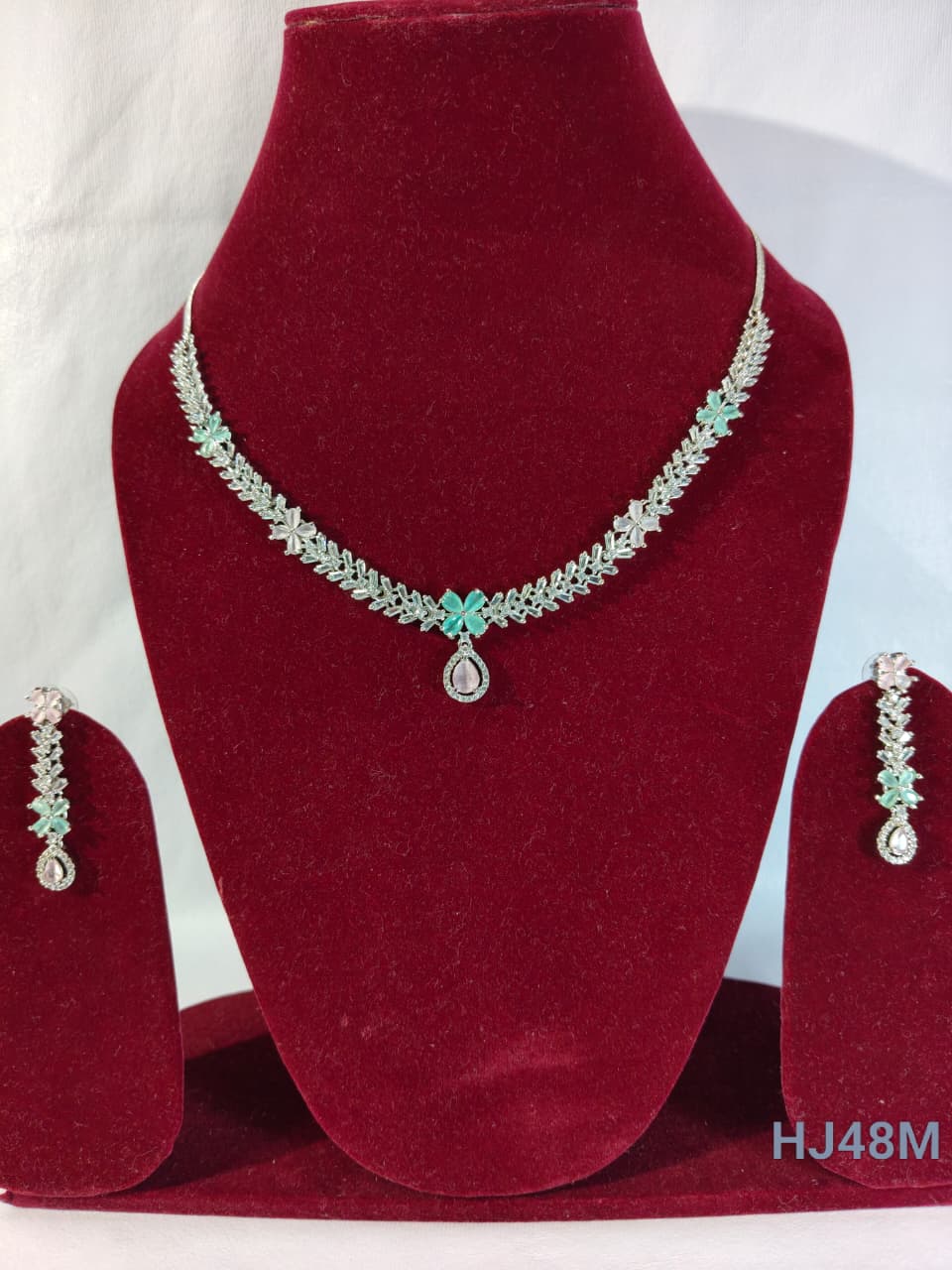 American Diamond Necklace and Earrings Set, Silver-toned Multi Color Crystal Chandelier Style Earrings, (HJ48M) Multi color